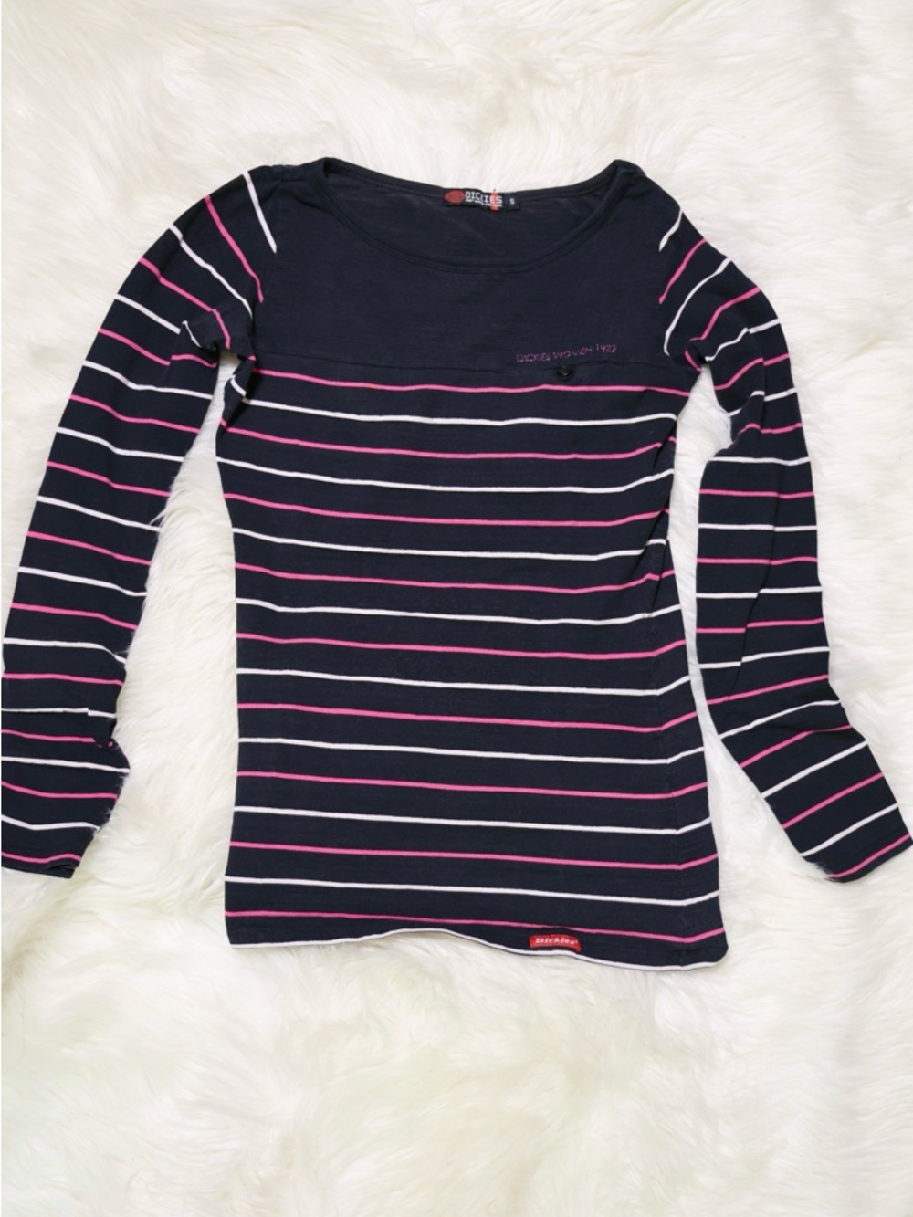 Dickies Navy Long-Sleeve Tee with Pink & White Stripes